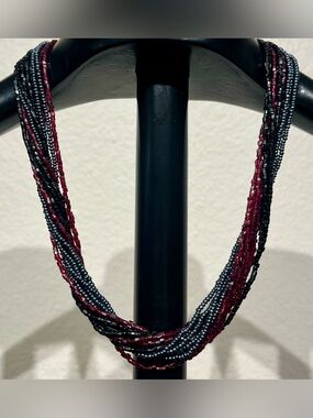 Vintage Multi-Strand Black and Burgundy Seed Bead Necklace